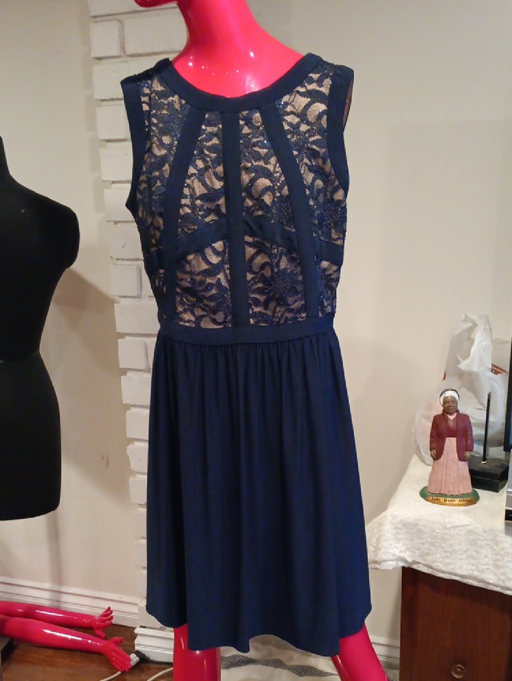 R&M Richards Navy Lace Bodice A-Line Mini Dress